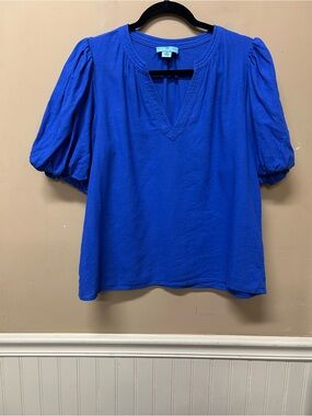 CeCe Puff Sleeve Blouse Top Womens Medium Boho Blue Linen